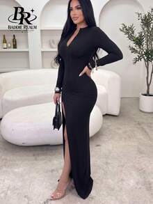 Robe longue moulante fendue pour femme BADDIE REALM, sexy pour soirée en amoureux - Noir - Voir 3
