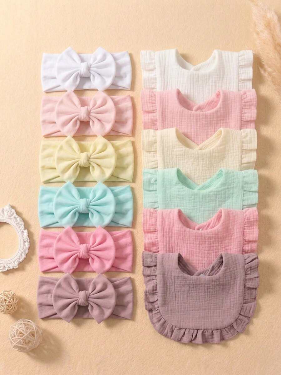 12PCS Newborn 3D Bow Headband + Ruched Texture Baby Bib, Minimalist Milk Style Multi-Color Baby Fontanelle Protection Hair Accessory Set - Multicolor - View 1