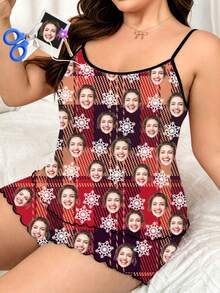Custom Photo Women's Nightgown, Personalized Plaid Face Print Red Tartan Snowflake Camisole Slip Dress, Christmas Gift - Multicolor - View 3