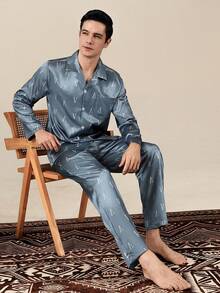 Men's Spring/Autumn Cardigan Faux Silk Pajama Set, High-End Long Sleeve Pants, Comfortable Loungewear - Multicolor - View 2