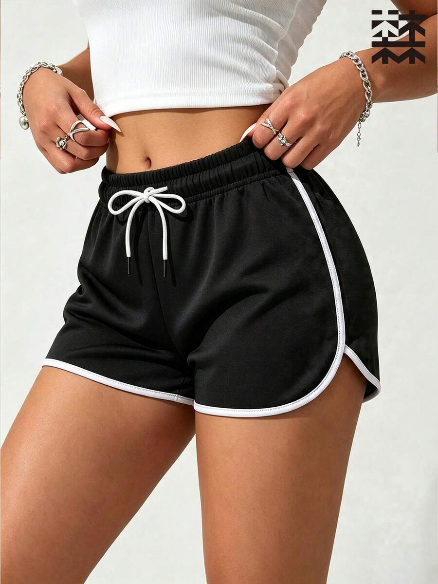 mulinsen Women's Athletic Shorts, Elastic Drawstring Patchwork Hem, Quick-Dry Running Shorts, Suitable For Fitness Training And Daily Jogging - Deep Space Black - View 1