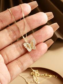 LEKANI 1pc S925 Sterling Silver Fashion Butterfly Necklace With Cubic Zirconia Rhinestones, Versatile Women's Jewelry Accessory, Exquisite Gift For Mother, Girlfriend, Friend, Suitable For Daily Wear - Gold - View 2