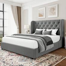 Modern Velvet Upholstered Bed Frame With Curved Wingback Design, Wooden Platform Bed Frame For Bedroom, Full Bed Frame/ Queen Bed Frame/ King Bed Frame/ Full Size Bed Frame/ Queen Size Bed Frame/ King Size Bed Frame,Pink/ White/ Grey - 深灰色 - 查看 10