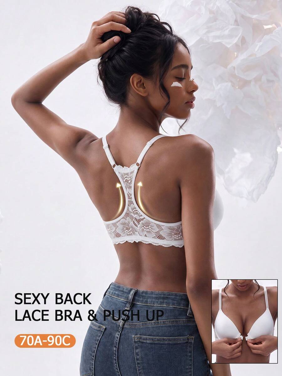 Sujetador de encaje blanco para mujer con espalda de corredor - Diseño de cierre frontal, acento de encaje floral en la espalda, soporte cómodo y característica de fácil colocación