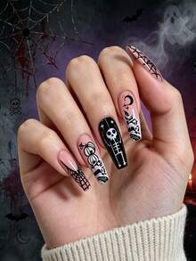 96 piezas (4 estilos mixtos) de uñas postizas de Halloween, uñas falsas de ataúd y almendra, diseño de telaraña, calabaza, esqueleto, goteo de sangre y dientes de vampiro, puntas de uñas falsas largas de cobertura completa para disfraz de Halloween, fiesta y decoración de manicura diaria - Multicolor - Ver 6