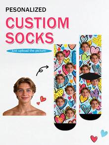 1 Pair Customized Socks, Colorful Graffiti Heart Pattern Mid-Calf Socks, Personalized Fun Photo Socks, Unisex Casual Valentine's Day Gift Socks - Multicolor - View 10