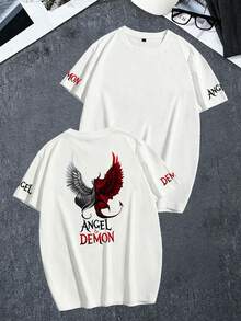 [Men's Plus Size] Men's Plus Size Loose Oversize Versatile Angel & Devil Print Casual T-Shirt Short Sleeve | Exquisite Craftsmanship | Summer Essential Item | Versatile & Easy To Match, Show Off Your Style - White - View 3