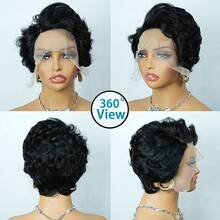 Peruca de Cabelo Humano Frontal de Renda HD 13x4X1, Peruca de Cabelo Humano Pixie com Cachos Soltos para Mulheres, Peruca de Cabelo Humano Afro Cacheado Remy Brasileiro, Peruca de Cabelo Humano Preto, 6 Polegadas, Densidade de 150%, Uso em Feriados e Festas - Natural Black - Visão 6