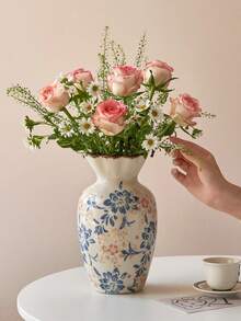 1pc Vintage Ceramic Flower Vase, Ivory Crackle Glaze With Delicate Floral Vine Pattern, Wavy Rim French Country Home Decor For Fresh & Dried Flowers, Majlis, Living Room & Dining Table Centerpiece, Ramadan Eid Housewarming Gift - Ink Wash - View 5