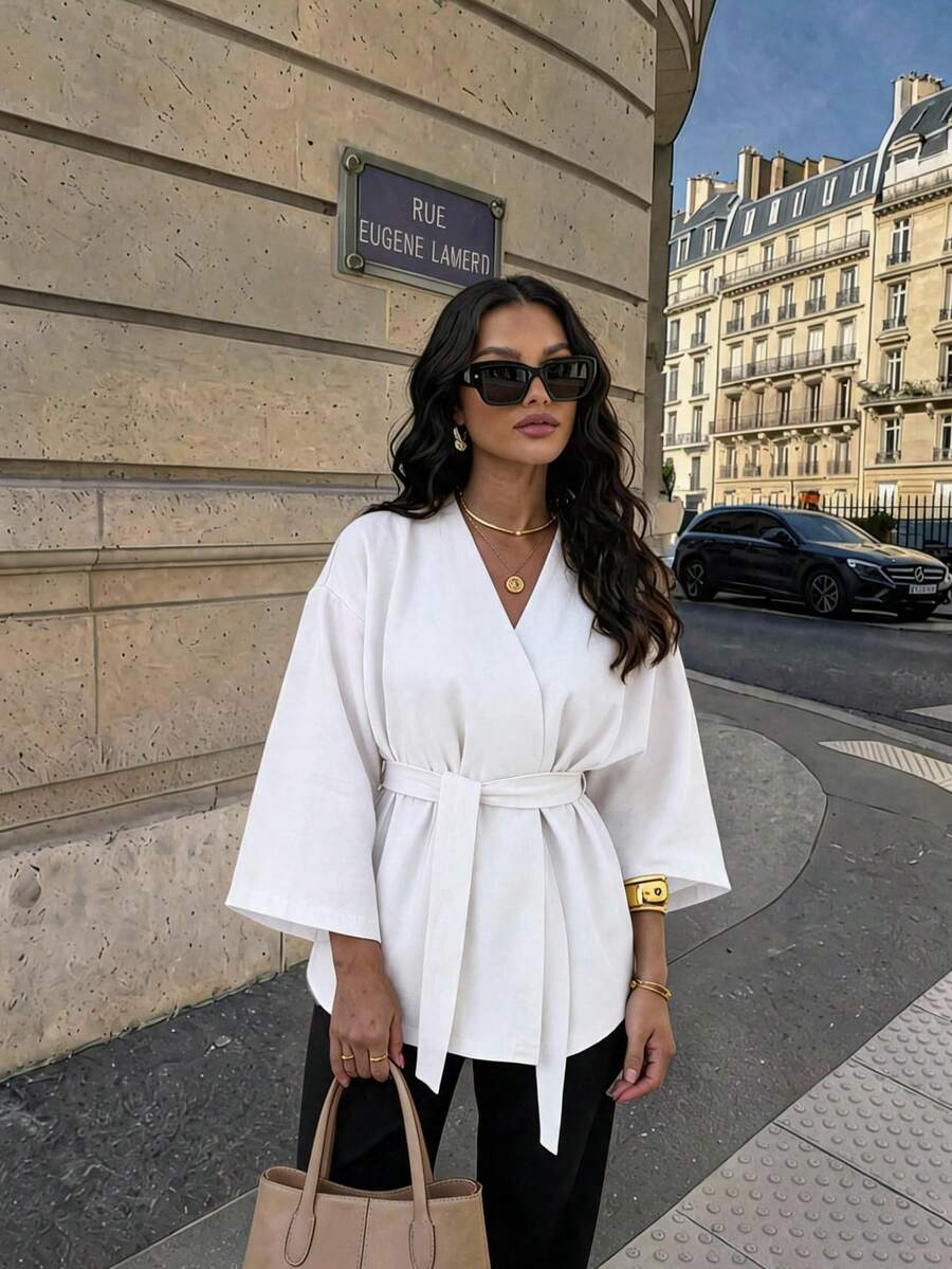 حزام شمواه ربطة الخصر اللون الأحادي أنيق وكاجوال - أبيض - مشاهدة 1