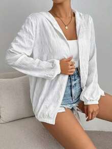 Áo khoác nhẹ có mũ tay dài kéo khóa, màu trơn gân, phong cách thường ngày, có túi, dành cho nữ size lớn - trắng - Xem 3