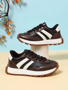Children's Retro Colorblock Patchwork Sneakers, Three-Stripe Lace-Up Low-Top Casual Shoes, With Shock-Absorbing Rubber Sole, Suitable For Daily Sports Wear - Brown - View 2