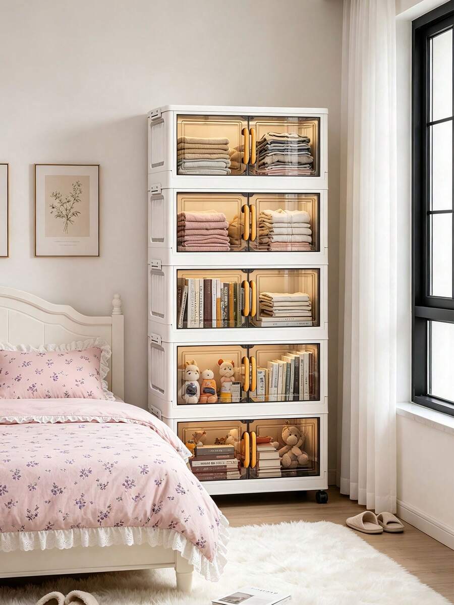 1pc 40cm-50cm Wide Foldable Storage Cabinet Organizer Rack, No Assembly Required, Multi-Layer Portable Wardrobe For Living Room Bedroom Clothes Toys Storage Space-Saving - Transparent Tea - View 1