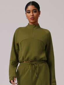 Sodalemon Women Half Zipper Solid Color Sweatshirt Pockets Drawstring Waist Casual Outdoor Workout Activewear Thumb Hole Running Sport Top - Olive Green - View 7