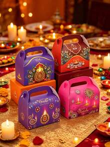 4-Piece Diwali Gift Box Set Featuring Designs Such As Oil Lamps And Peacocks; Suitable For Diwali/Deepavali Celebrations And Themed Parties; Includes A Portable Gift Box. - Multicolor - View 1
