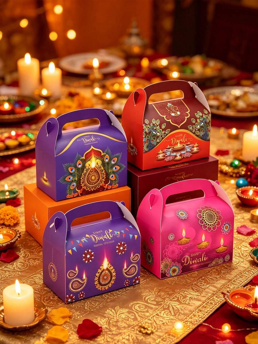4-Piece Diwali Gift Box Set Featuring Designs Such As Oil Lamps And Peacocks; Suitable For Diwali/Deepavali Celebrations And Themed Parties; Includes A Portable Gift Box. - Multicolor - View 1