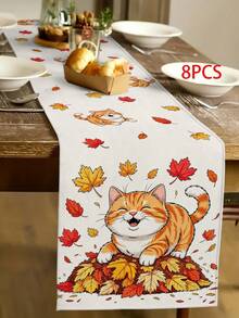 Camino de mesa con diseño de gato y hoja de arce para el Festival de Cosecha de Acción de Gracias, estilo pastoral de otoño, decoración del hogar y cocina de Acción de Gracias, camino de mesa, mantel individual, funda de almohada, decoración del hogar y suministros para fiestas del Festival de Cosecha de Acción de Gracias - Multicolor - Ver 15