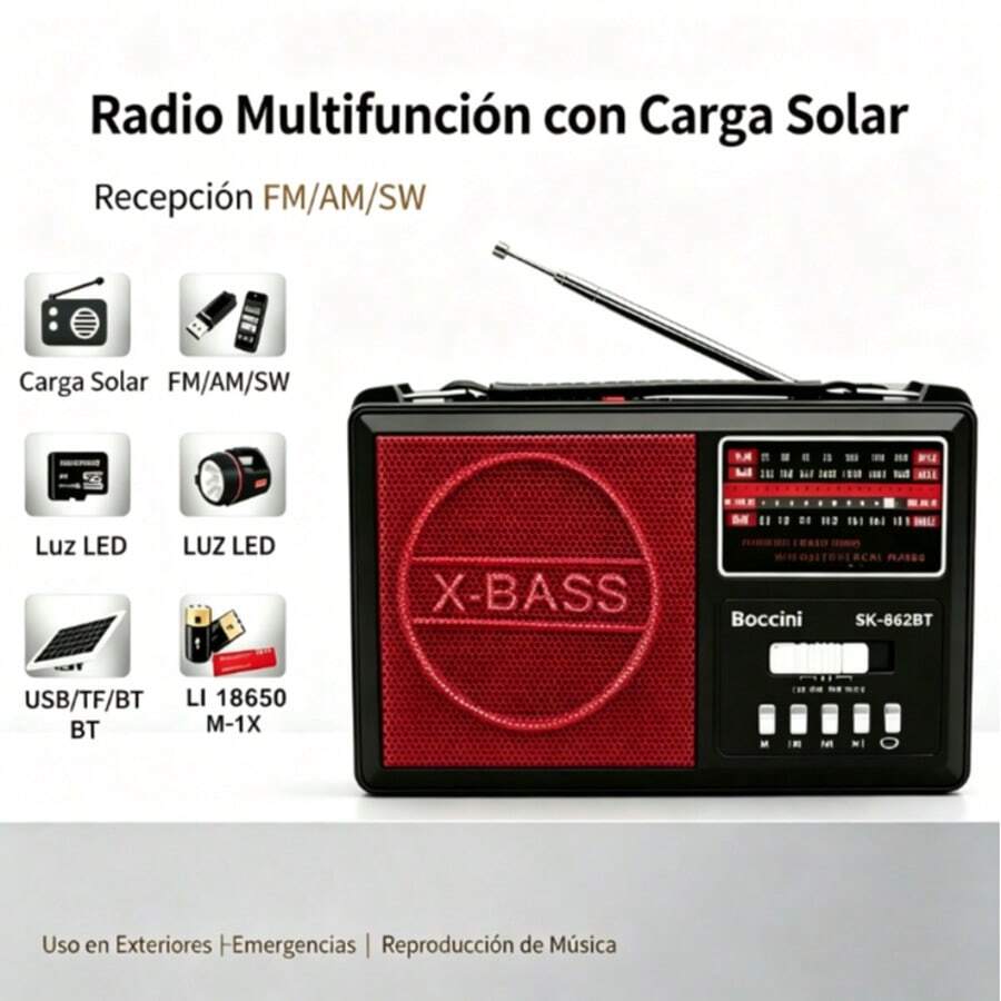 Radio recargable con panel solar y luz de emergencia, Bluetooth, radio FM AM SW, reproductor MP3 USB - Ver 1