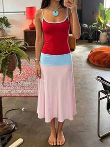 DOUCIU Solid Color Ruffle Trim Sleeveless Midi Dress, Party Casual Street Style - Red - View 1