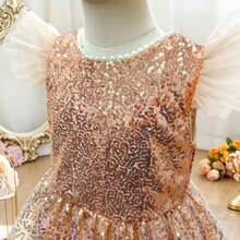 Girls' Flutter Sleeve Sequin Top Star Glitter Princess Dress, Flower Girl Birthday Wedding Party Formal Dress - Gold - View 3