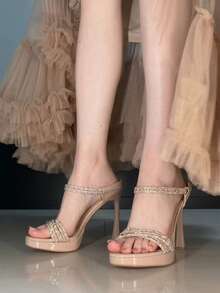 2026 New Gold Rhinestone Braided Shiny High Heel Sandals, Thin Strap Square Toe Open Toe High Heel Wedding Party Height-Increasing Women's Shoes - Gold - View 8