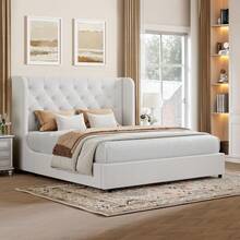 Modern Velvet Upholstered Bed Frame With Curved Wingback Design, Wooden Platform Bed Frame For Bedroom, Full Bed Frame/ Queen Bed Frame/ King Bed Frame/ Full Size Bed Frame/ Queen Size Bed Frame/ King Size Bed Frame,Pink/ White/ Grey - 白色 - 查看 9