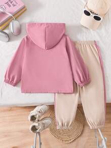 2Pcs Young Girl Clothes, Pink & Apricot Half-Zip Hooded Sweatshirt And Color-Block Pants, Autumn/Winter 2 Pieces Set - Pink - View 3