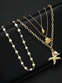 4pcs Minimalist Fashion Elegant Luxurious Sexy Y2K Style Faux Pearl Faux Shell Starfish Conch Marine Life Y-Shaped Necklace Set For Women, Suitable For Vacation, Party, Date, Beach, Daily Wear, Banquet, Versatile Combination, Gift For Mother, Sister, Friend, Holiday - Golden - View 4