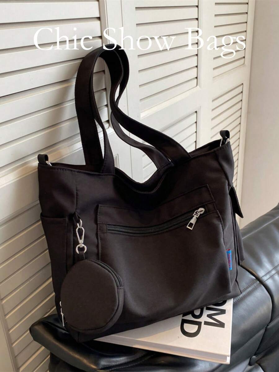 Bolso tote de tela negro liso para mujer, bolso de hombro con monedero redondo desmontable, múltiples bolsillos, bolso casual para compras diarias, escuela y desplazamientos - Multicolor - Ver 1