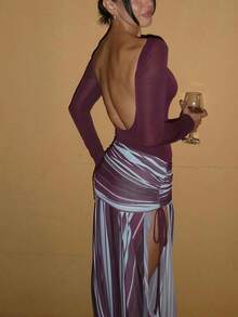 Elegant Women's Long Sleeve Knit Off-Shoulder Maxi Dress, Slit Striped Hem, Slim Fit Waist Design, Suitable For Autumn Casual Wear - Purple - View 2
