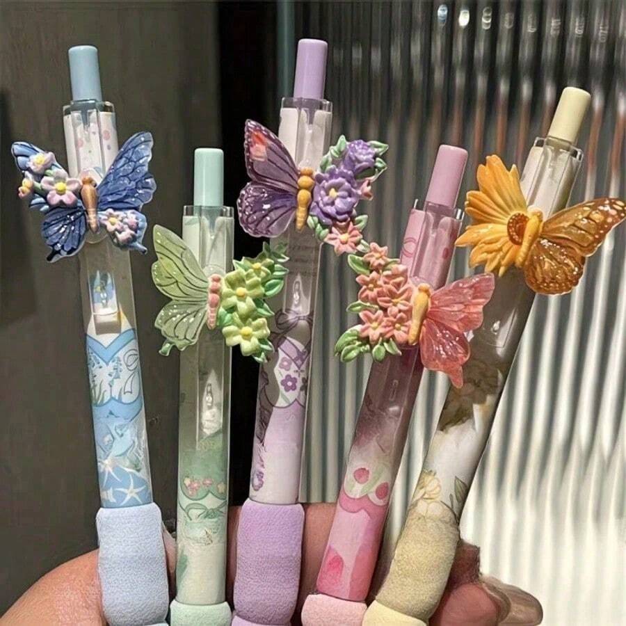 Cute Floral And Butterfly Pattern Neutral Pens (2pcs/4pcs/6pcs), 0.5mm Fine Tip, Smooth Writing, Black Ink, High Quality And Dura, First Day Of School