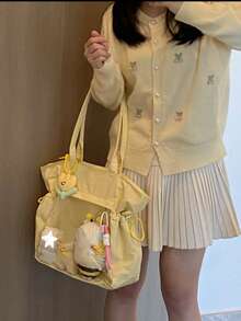 1pc Fashionable Casual Reversible Nylon Drawstring Transparent Badge Decor Large Capacity Shoulder Bag, Suitable For Daily, Commuting, Party, Holiday Gift For Women - Multicolor - View 13