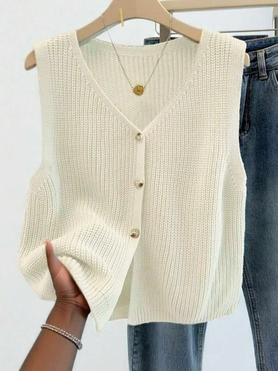 Women's Versatile V-Neck Knit Vest, Spring/Summer Fashion Piece, Button Front Sleeveless Cardigan Knitwear Top, Chic & Elegant - Beige - View 1