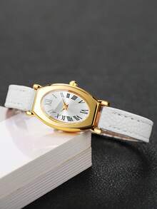 Women's Gift Watch With Embossed PU Leather Strap, Oval Roman Numeral Dial, Small Dial, Luxury Niche Wristwatch, Gift For Best Friend (1pc/Set) Watch Box Not Included - White - View 6