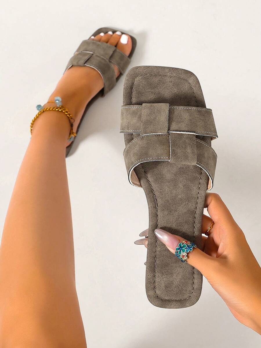 Ximi Ruo Spring Summer New Women's Fashion Casual Slide Sandals, Comfortable Flat Low-Heel Round Toe Minimalist Outdoor Beach Slippers, Versatile Decorative Flat Slide Sandals For Women - Camel - View 1