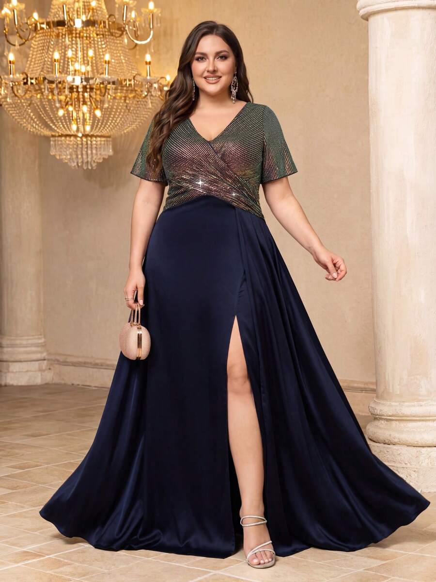 UNITHORSE Gaun Malam Satin Berpayet Patchwork Ukuran Plus untuk Pesta dan Perjamuan Wanita, Belahan Tinggi - Navy Blue - View 1