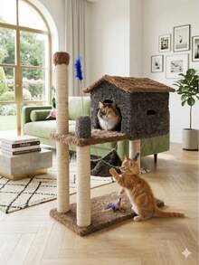 Arranhador P/gatos Com Casinha Pop 2 Andares Playground - Marrom Claro - Visão 5