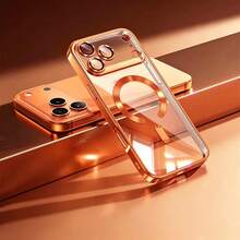 1pc Electroplated Magnetic Full Coverage Phone Case, Compatible With IPhone 17, Air, 16 Pro, 15 Pro Max, 14 Pro Max, 13, 12, 11, XS Max, 8, 8 Plus, Soft Shell - Orange - View 4
