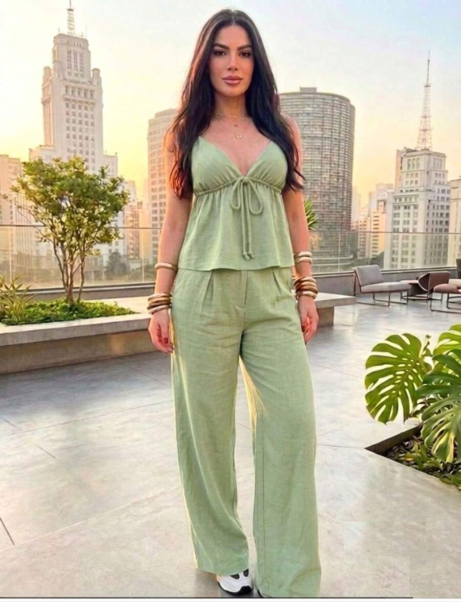 Adjustable Strap Tie-Top Set, High-Waisted Wide-Leg Pants, Elegant And Comfortable Emily Set, Elegant, Casual, Vacation, Office, All-Season - 嬰兒綠 - 查看 1