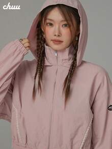 CHUU Women's Drawstring Hooded Jacket, Autumn Lace Trim Sweet Chic Loose Casual Top - Dusty Pink - View 2
