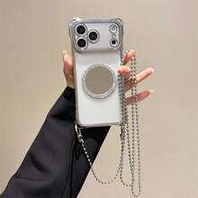 Four-Corner Anti-Drop Electroplated Magnetic Phone Case With Lanyard For IPhone 11 12 13 14 15 Pro Max 16 16 Pro Max 17 17 Pro 17 Pro Max Galaxy S21 22 23 24 Plus 25 25 Ultra 26 26 Plus Ultra A16 26 36 56 A15 35 55 34 54 33 53 52 Pura 80 80 Pro +90 90 Pro+ Mate 60 60 Pro 70 70 Pro - Silver Magnetic + Long Strap - View 1