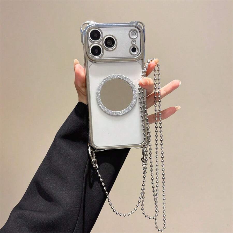 Four-Corner Anti-Drop Electroplated Magnetic Phone Case With Lanyard For IPhone 11 12 13 14 15 Pro Max 16 16 Pro Max 17 17 Pro 17 Pro Max Galaxy S21 22 23 24 Plus 25 25 Ultra 26 26 Plus Ultra A16 26 36 56 A15 35 55 34 54 33 53 52 Pura 80 80 Pro +90 90 Pro+ Mate 60 60 Pro 70 70 Pro - Silver Magnetic + Long Strap - View 1