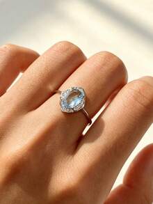 1 Stück S925 Sterling Silber mit synthetischem Zirkonia in Meeresblau, geometrische Form, Damenring, böhmischer Stil, hochwertiger Schmuck für den täglichen Gebrauch, Geschenk für geliebte Menschen - Silber - Übersicht 5