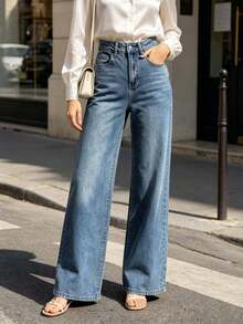 Pantalones vaqueros rectos de color claro para mujer, estilo casual, con bolsillos, longitud larga, elasticidad media, cómodos y sueltos - 2028 azul - Ver 2