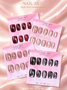 40pcs Fashion Cat Eye Nail Stickers Short Set - Silver, Light Pink, Red And Black Gradient Ballet Short Style With Glitter Effect - Reusable, Includes Jelly Glue And Nail File - Perfect For Parties, Proms And Casual Wear - Multicolor - View 1