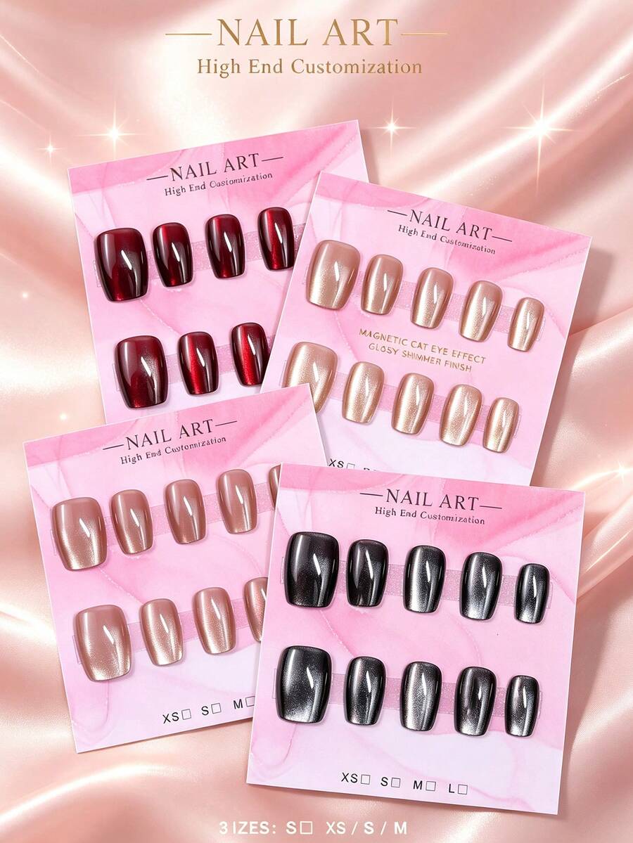 40pcs Fashion Cat Eye Nail Stickers Short Set - Silver, Light Pink, Red And Black Gradient Ballet Short Style With Glitter Effect - Reusable, Includes Jelly Glue And Nail File - Perfect For Parties, Proms And Casual Wear - Multicolor - View 1