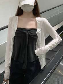 Summer Korean Style 2pcs Set Bandeau Ruched Tie-Up Versatile Short Sleeve T-Shirt Top Elegant Winter - Dark Grey - View 2