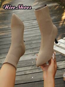 New Women's Pointed Toe Mid-Calf Sock Boots, Slim Fit Elastic Stiletto High Heel Boots, Fashionable Elegant Comfortable Slimming Boots - Khaki - View 2