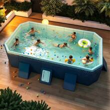 Foldable Rectangular Family Swimming Pool, Large No-Inflation Above-Ground Pool With Sturdy Ladder, Durable Outdoor Backyard Pool For Kids, Adults And Pets, Summer Water Party Fun - C - View 10