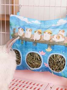 1pc Large 3-Hole Hanging Polyester Feeding Bag, Cute Blue Print Dual-Hole Rabbit Hay Bag, Washable, Cage-Specific, Space-Saving, Suitable For Rabbits, Guinea Pigs, And Other Small Animals, Hamster Supplies, Rabbit Pet Supplies - D - View 8